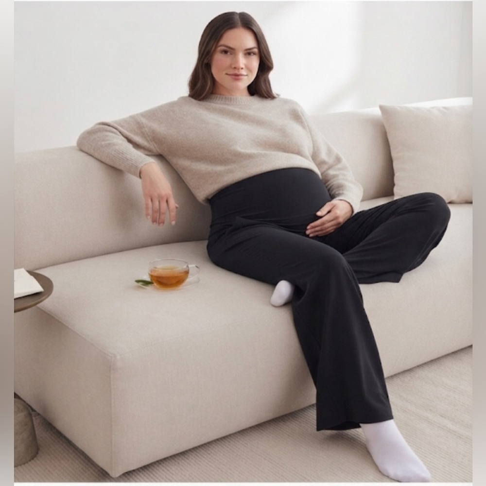 Women's Black Straight-Leg Maternity/Jumpsuit Pants with Fold-Over Waist - Picture 10 of 10